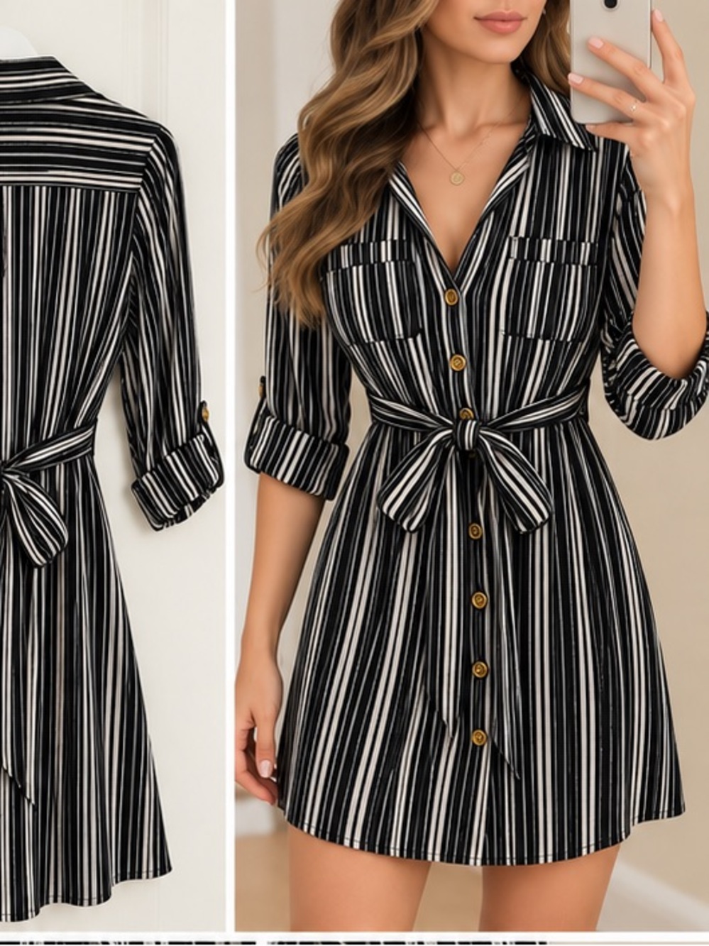 Black and White Striped Tie-Waist Mini Shirt Dress
